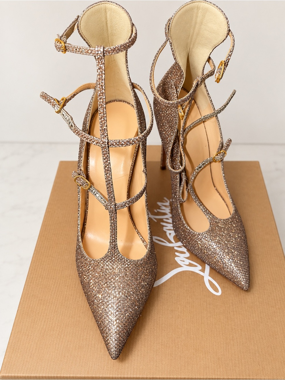 Christian Louboutin Glitter Strappy Pointed-Toe Stiletto Heels - Gold
